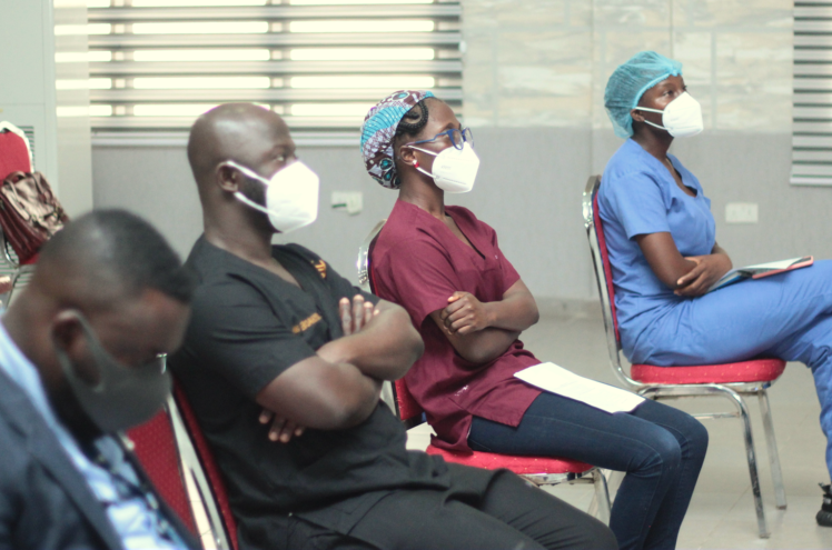 Doctors at Pentecost Convention Center Isolation Unit in a training session on the use of REDCap for CCP data entry