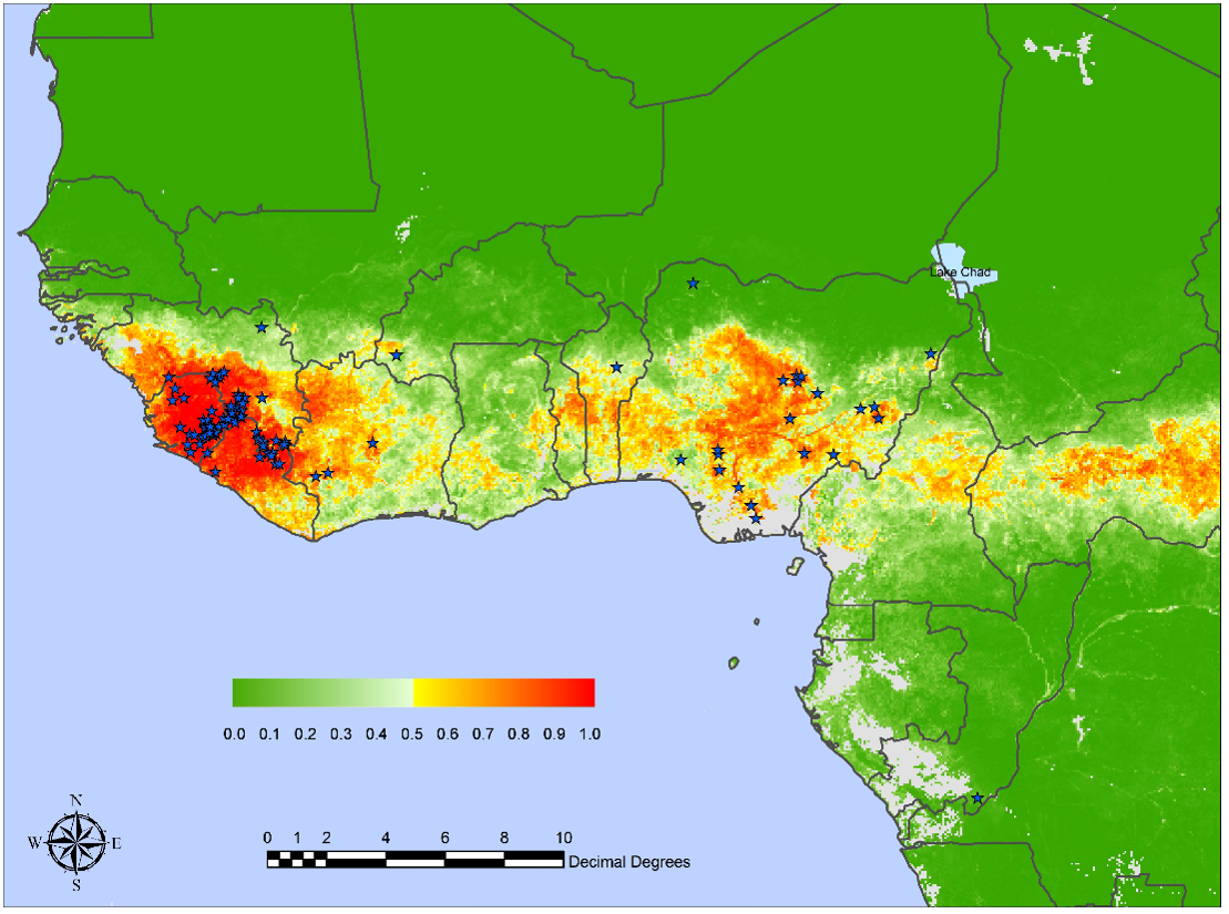 Mean predicted Lassa risk map for West Africa